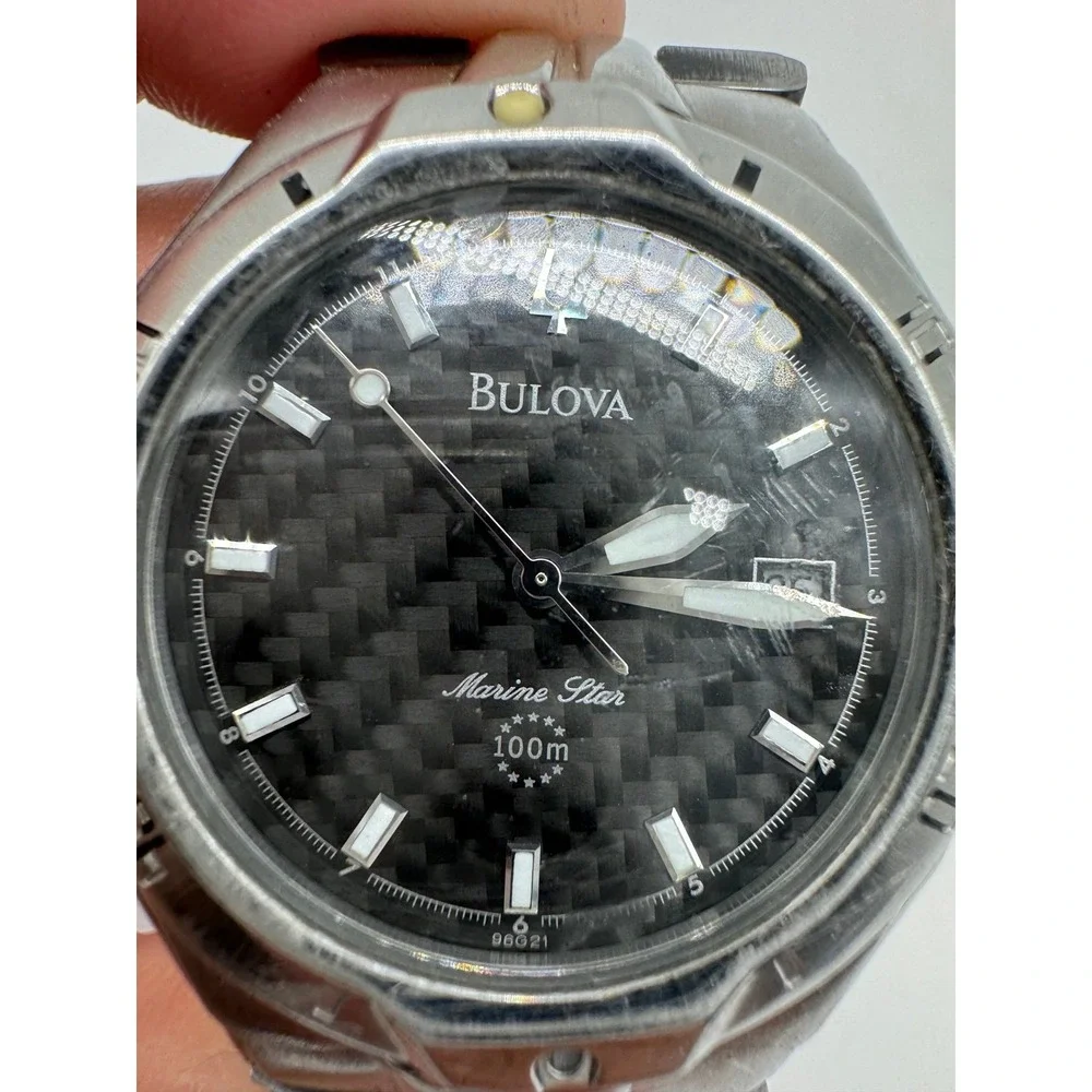 Bulova Marine Star 96B21 Mens Watch Black Carbon Fiber Dial Stainless needs bat